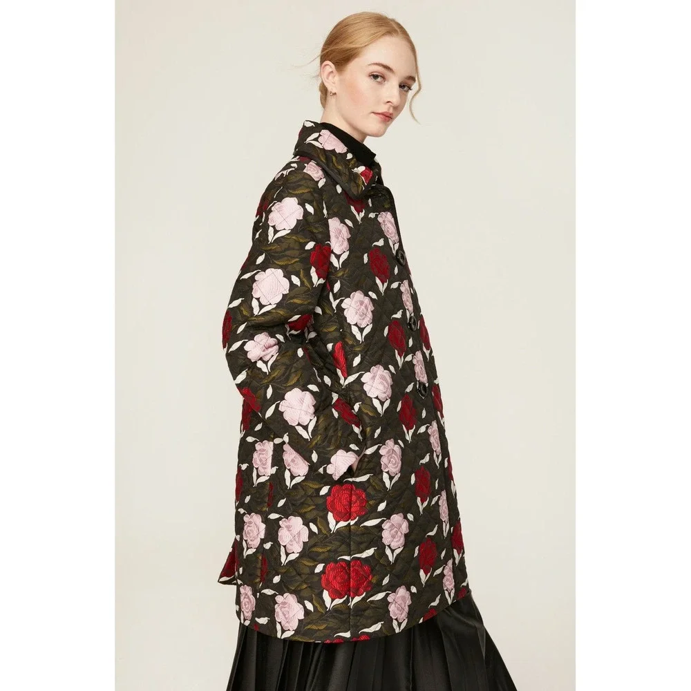 Kate Spade New York Sz XL Quilted Floral Rose Jacket Coat Black Pink Red